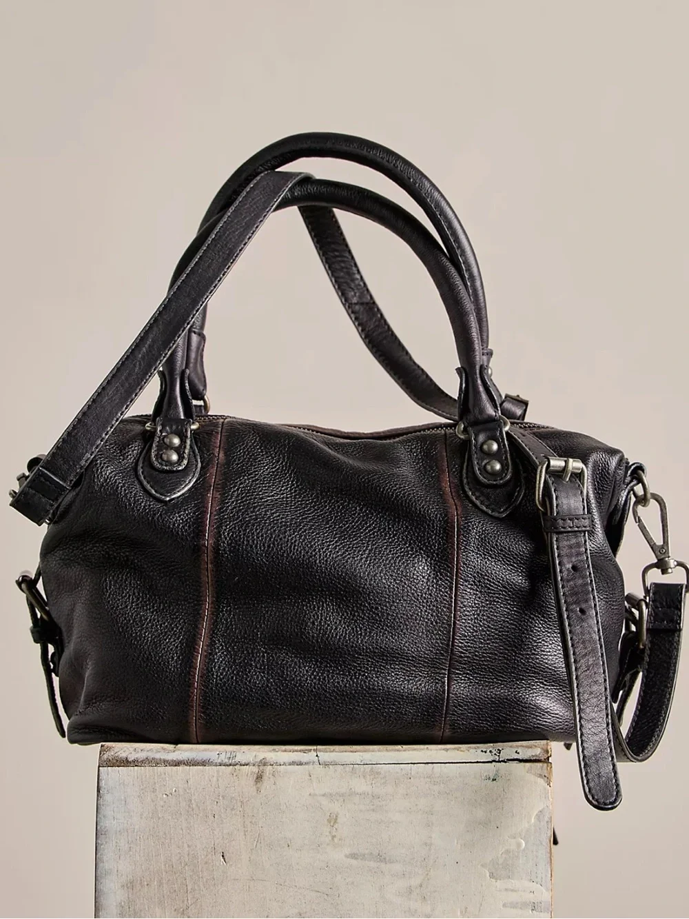 Free People Black Leather Satchel with Front Zipper Pocket